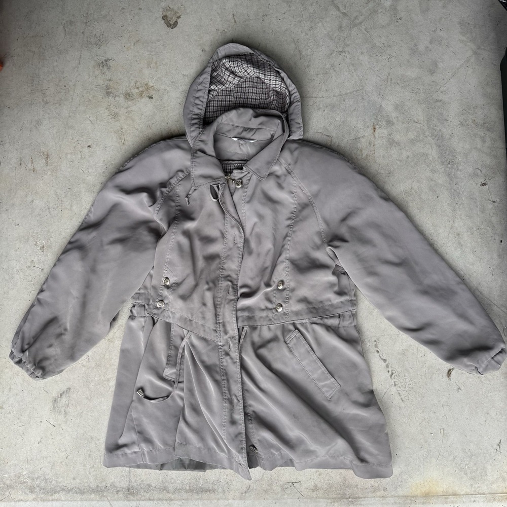 VTG Current Seen Hooded Parka Jacket Womens Gray Plaid Lined Russia Gorpcore